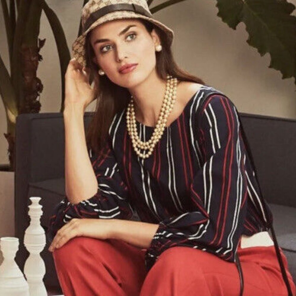 CAbi Striped Flag Blouse Balloon Sleeves #5516 - Size Medium